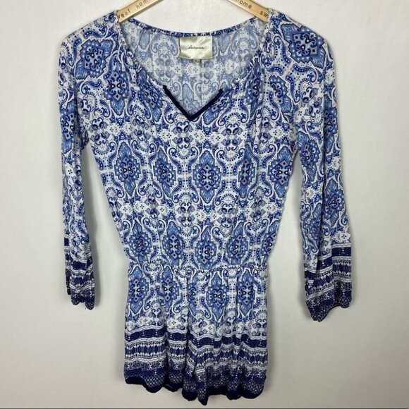 Anthropologie Paisley Print Romper Long Sleeves Blue White Bohemian XS Elevenses - Picture 15 of 16